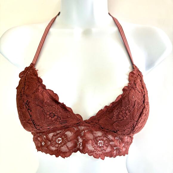 AERIE Show Off Rosey Lace Padded Plunge Bralette Sexy Dark Rust Racerback Sz M - Picture 1 of 15